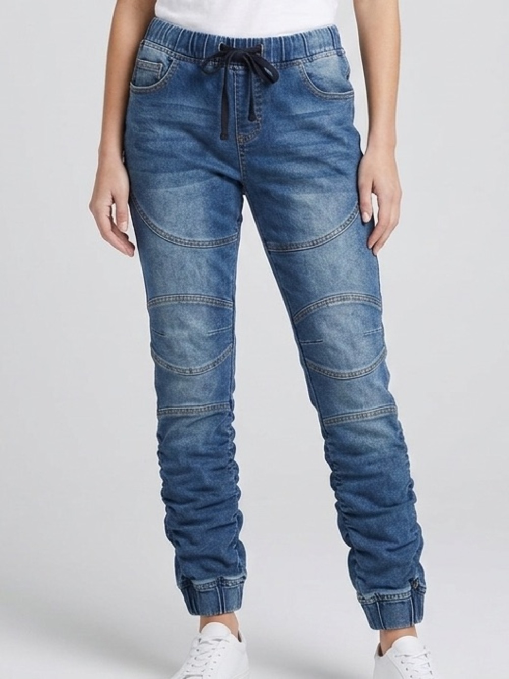 rue21 Moto Denim Joggers Blue High Rise Ruched Leg Size 14